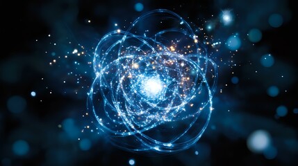 Aufkleber - glowing blue energy sphere with light trails and particles creating dynamic orbital paths against da