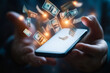 © Роман Булатов - Hands hold a smartphone as bills appear to burst from the screen, illustrating the excitement of digital money transfers in today's economy Generative AI