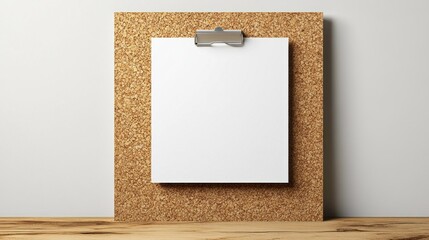 Poster - A pristine blank sheet of paper, neatly clipped onto a textured cork board, rests on a rustic wooden surface, embodying simplicity and potential for creativity. This serene workspace inspires ideas