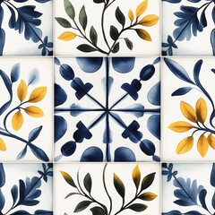 Poster - Seamless Decorative tile featuring a delightful arrangement of yellow and blue leaves evoking a cheerful and bright atmosphere