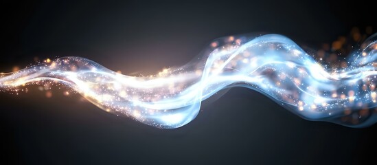 Poster - Glowing magical wave with sparkles and light particles flowing on dark background, abstract luminous energy stream with blue and white elements.