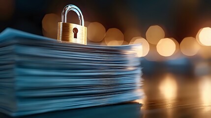 Poster - Brass padlock on stack of documents with blurred bokeh lights background symbolizing data protection and information security in business concept.