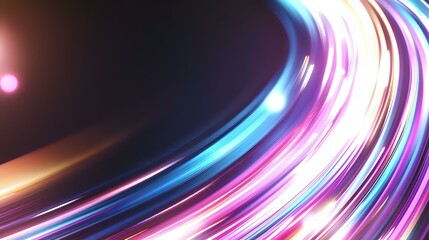 Poster - Vibrant curved light trails in pink, blue and orange create dynamic motion effect against dark background, glowing neon streaks form abstract flowing pattern.
