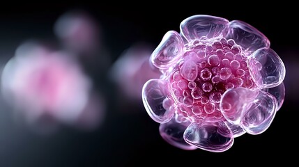 Poster - Microscopic view of pink glowing cell structure with translucent membrane layers against dark background, showing detailed cellular biology and scientific research concept.