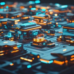 Poster - A futuristic marketplace with glowing stalls displaying AR products.