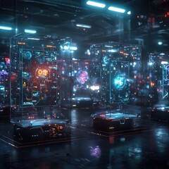 Poster - A futuristic marketplace with glowing stalls displaying AR products.