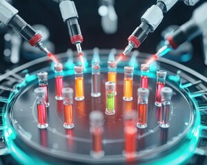 Poster - A futuristic medical lab with robotic arms analyzing glowing vials.