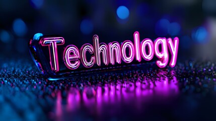 Aufkleber - Glowing pink neon technology text on dark textured surface with blue bokeh lights and reflection creates modern futuristic atmosphere for tech concepts.
