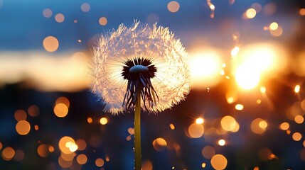 Poster - Delicate dandelion silhouette against sunset sky with golden bokeh lights creating dreamy atmosphere, seeds floating in evening breeze. Nature photography for peaceful mood.