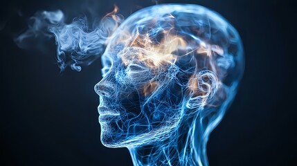 Poster - Ethereal profile of human head formed by glowing blue and orange smoke effect against dark background, representing consciousness and mind concept.