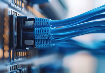 Poster - Close-Up of Blue Ethernet Cables Connected to Network Switch in Modern Data Center with Blurry Background and High-Speed Internet Connectivity