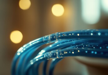 Poster - Close-up of Blue Fiber Optic Cables with Soft Background Bokeh Lighting for Technology and Communication Concepts