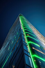 Poster - A futuristic skyscraper glowing with energy-efficient green lights.