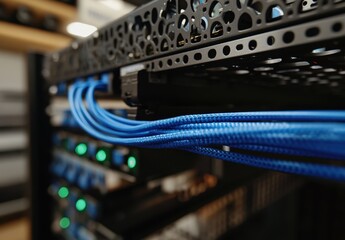 Poster - Close-Up of Blue Network Cables Connecting to Server Rack with Modern Technology Background for Data Center and IT Infrastructure