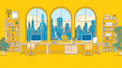 Poster - City view office interior, modern, workspace, productivity, design, yellow, NYC, work