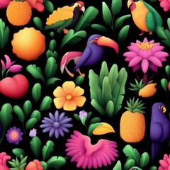 Poster - Seamless Charming arrangement of a bunch of flowers interspersed with delicate birds creating a whimsical scene