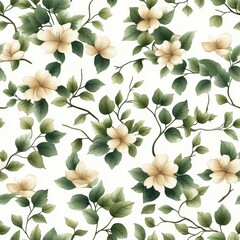 Poster - Seamless Elegant white and green floral pattern showcasing delicate blooms and foliage for a refreshing natural look