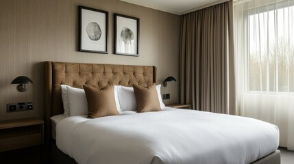 Poster - Warm sunlight filters through the soft oat curtains, casting gentle shadows in a chic bedroom. The plush bed invites relaxation, while modern art adorns the walls, creating an inviting ambiance