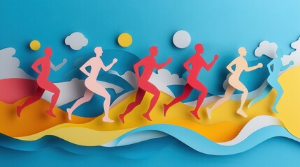 Aufkleber - Dynamic paper cutout illustration of energetic figures engaged in running and gym activities on a vibrant background