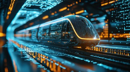Aufkleber - A futuristic train moving through a smart city with glowing digital paths.