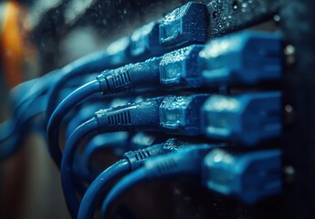 Poster - Close-up of Wet Blue Electrical Connectors in Focus with Droplets, Reflecting Lighting in a Moist Environment for Technology and Electrical Themes