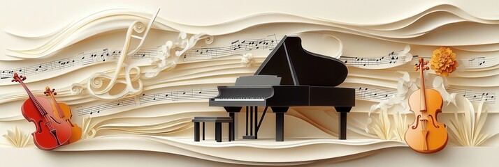 Poster - Musical notes dance around a grand piano and instruments in a vibrant paper craft art piece
