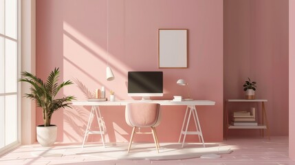 Poster - Serene Minimalist Virtual Workspace with Illuminated Pink Walls and Modern Decor