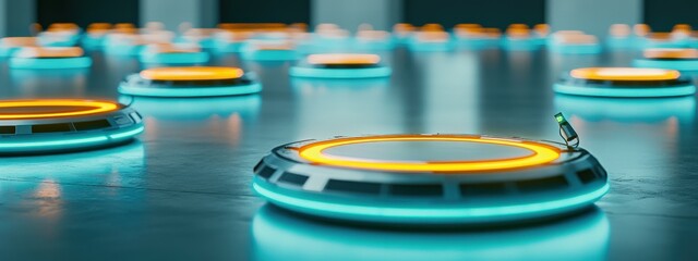 Poster - a futuristic urban center with glowing pathways for delivery robots.
