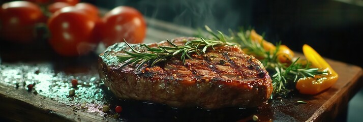 Aufkleber - Cook prepares a delicious steak with rosemary in a restaurants kitchen amidst fresh vegetables and herbs