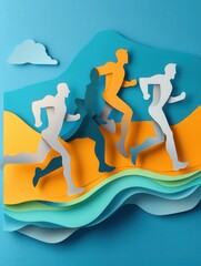 Aufkleber - Dynamic paper cutout design featuring running figures and gym equipment in energetic movement depicting active lifestyle and sports theme