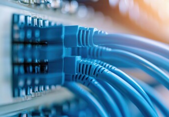 Poster - Close-Up View of Network Cables Connected to Switch in Data Center with Soft Lighting and Technology Focus for IT Professionals and Digital Infrastructure