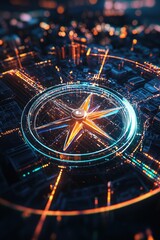 Poster - a glowing digital compass guiding travelers through smart cities.