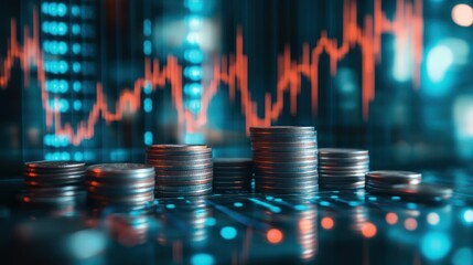 Poster - Stacks of coins on financial data display.  Possible use Stock photo