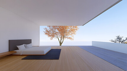 Aufkleber - A minimalist bedroom features a bed, wooden flooring, and a large window showcasing an autumn tree and serene landscape