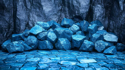 Poster - A pile of blue-hued rocks creates a striking visual against a dark, textured backdrop, evoking a sense of mystery and natural beauty