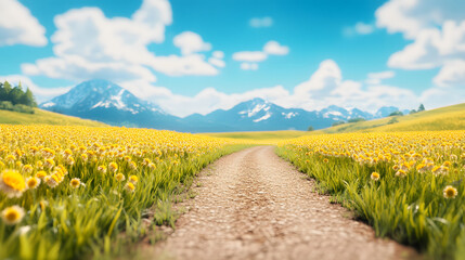 Poster - A scenic dirt path leads through a vibrant yellow flower field, framed by majestic mountains under a bright blue sky with fluffy clouds