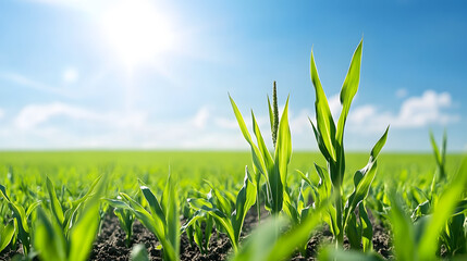 Poster - Lush green grass stretches under a bright sky, showcasing vibrant growth and the beauty of nature in a sunny landscape