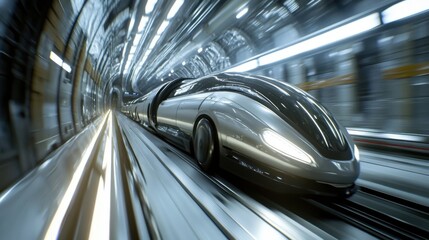 Poster - A sleek, futuristic high-speed train races through a brightly lit tunnel, showcasing advanced transportation technology