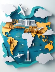 Leinwandbilder - Creative paper art world map featuring landmarks, planes, ships, and clouds in a whimsical travel themed design
