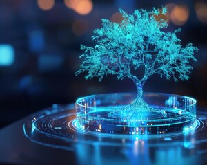 Poster - A glowing holographic tree merging technology and nature seamlessly.