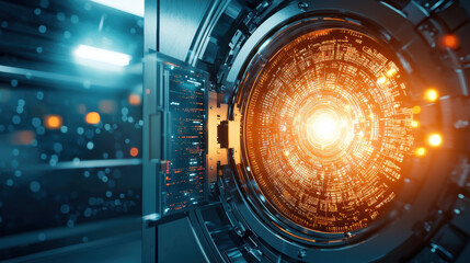 Poster - futuristic vault door opens to reveal glowing core, showcasing advanced technology and intricate designs