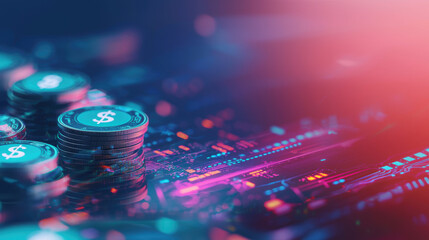 Poster - Digital coins stacked on circuit board, symbolizing cryptocurrency and technology