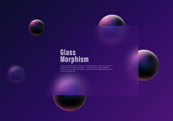 Poster - glass morphism with frosted glass partition and floating blue spheres on a dark background.