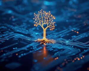 Poster - A glowing tree rooted in digital circuits symbolizing eco-tech.