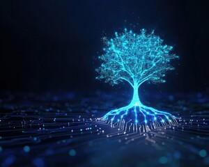 Poster - A glowing tree rooted in digital circuits symbolizing eco-tech.