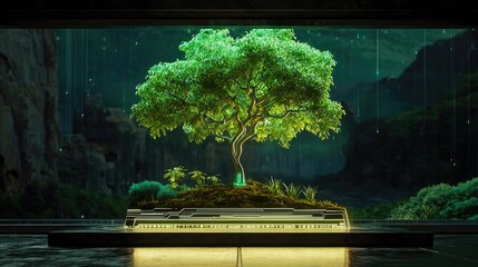 Poster - a futuristic concept art of technology and nature coexisting, with a circuit-powered tree glowing