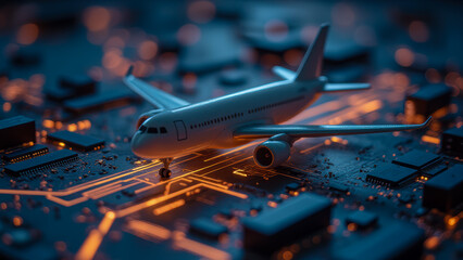 Poster - Model airplane resting on glowing circuit board with technology and aviation theme in abstract digital setting