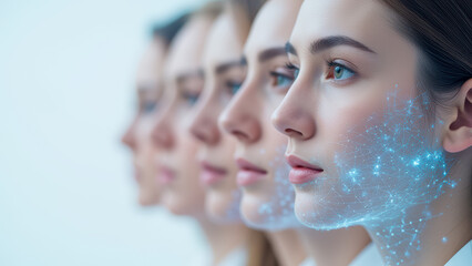 Poster - Profile Portrait of Young Woman with Digital Overlay and Futuristic Technology Concept Showing Human Evolution