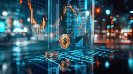 Poster - Financial market downturn, city lights background, digital display