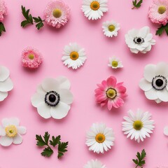Poster - Seamless A delightful collection of beautiful flowers set against a gentle pink background to create an inviting and cheerful scene